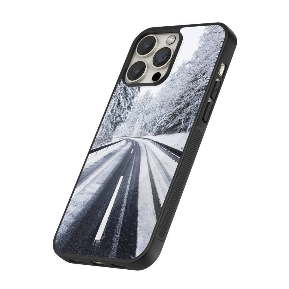 Coque iPhone 15 Pro Max - Silicone rigide noir Winter 22 Snowy Road