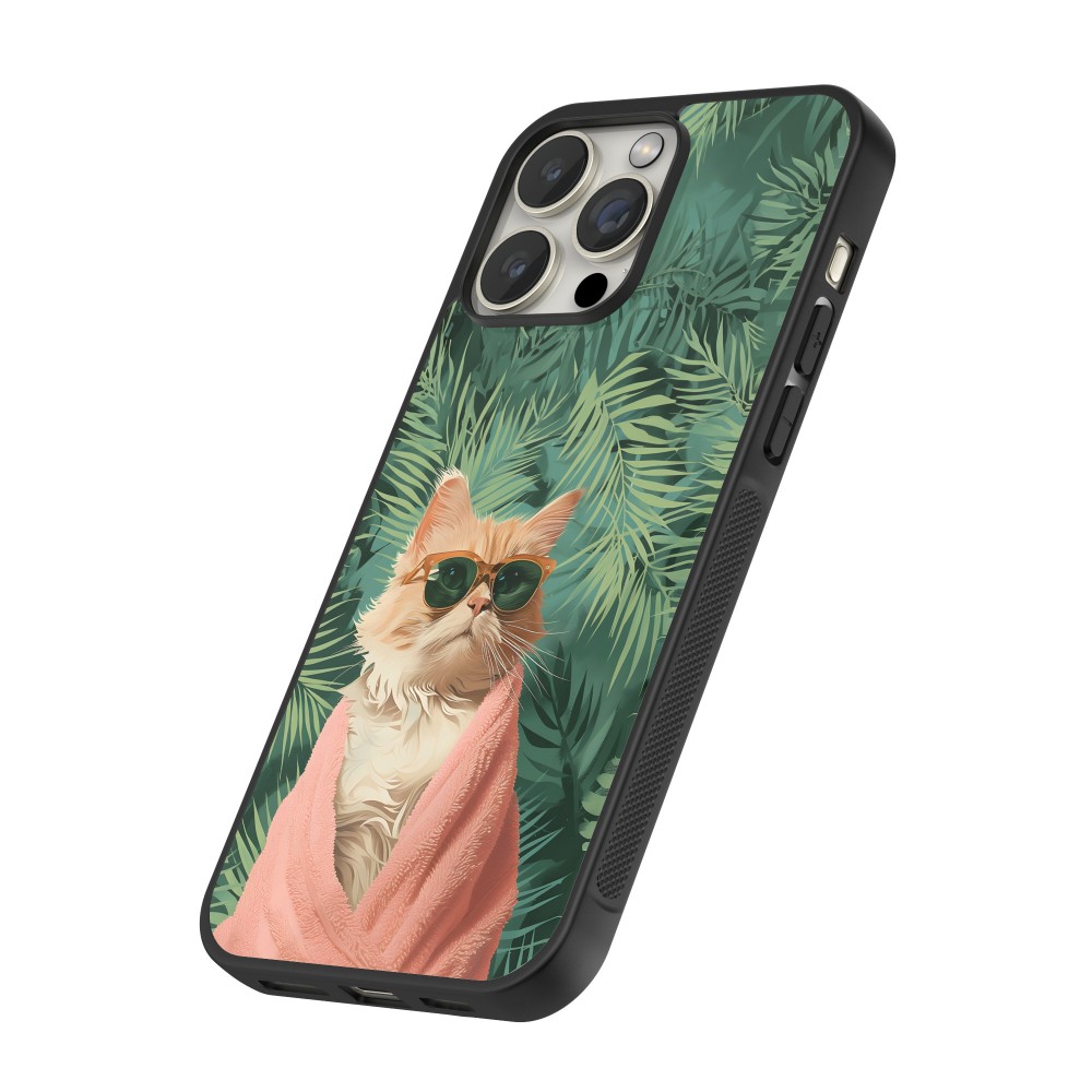 Coque iPhone 15 Pro - Silicone rigide noir Cat Summer Palms