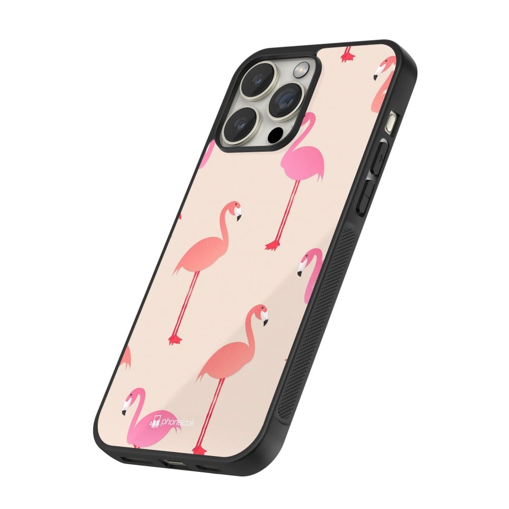 Coque iPhone 15 Pro - Silicone rigide noir Pink Flamingos Pattern