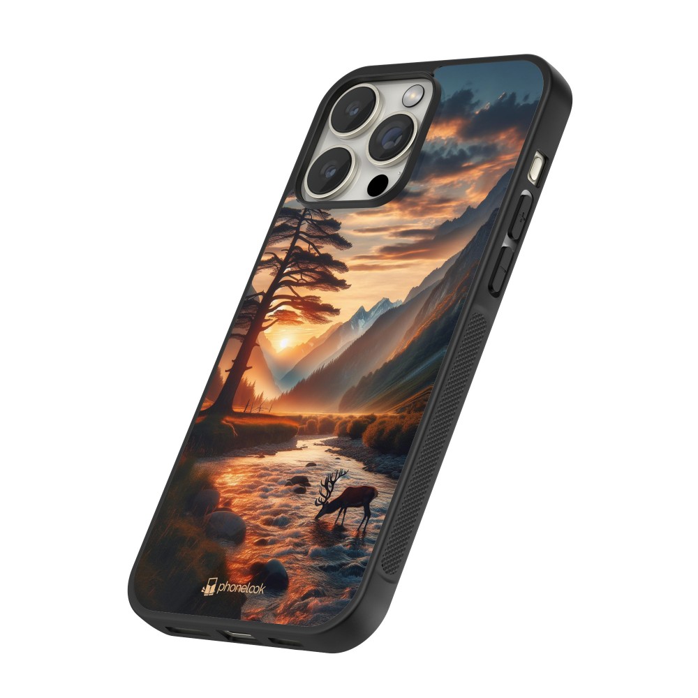 Coque iPhone 16 Pro Max - Silicone rigide noir Valley Sunset Deer Tree