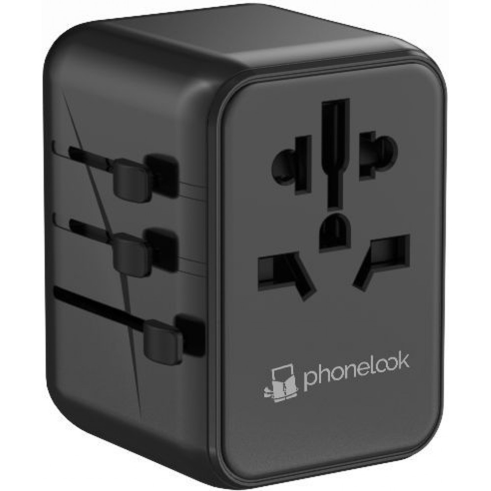 Adaptateur de voyage monde international universel World/CH/EU/UK/US (17W, 3x USB-A, 1x USB-C) - PhoneLook - Noir