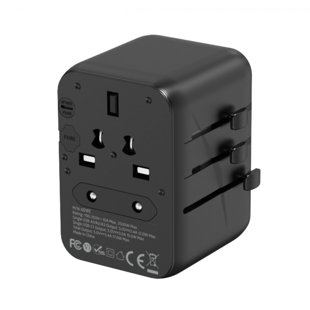 Adaptateur de voyage monde international universel World/CH/EU/UK/US (17W, 3x USB-A, 1x USB-C) - PhoneLook - Noir