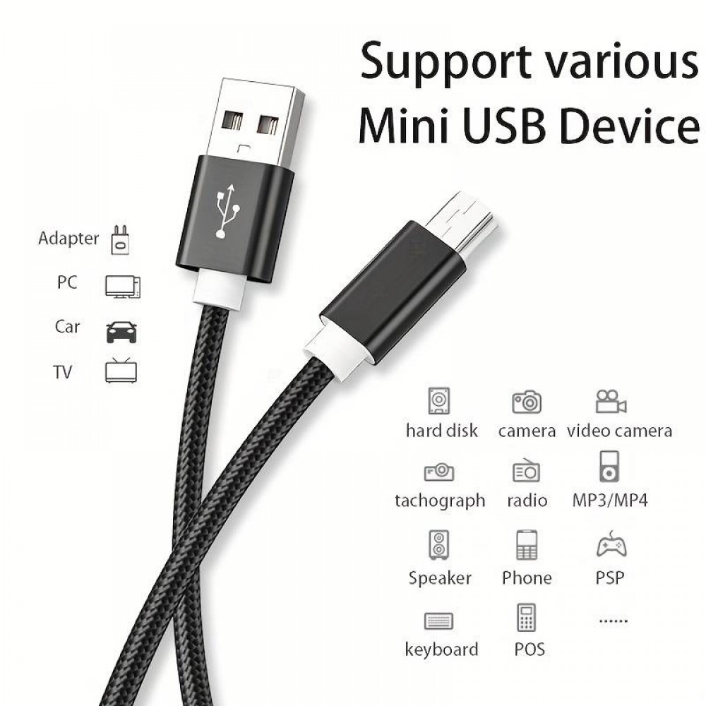 Câble chargeur (1 m) Mini-USB vers USB-A - Nylon metal - Noir - Noir