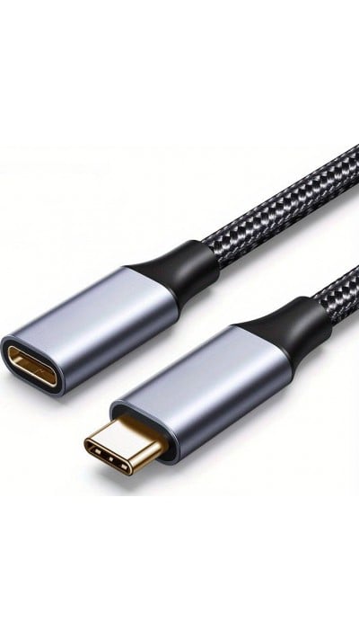 Câble extension nylon USB-C (mâle) vers USB-C (femelle) 2 mètres - Noir