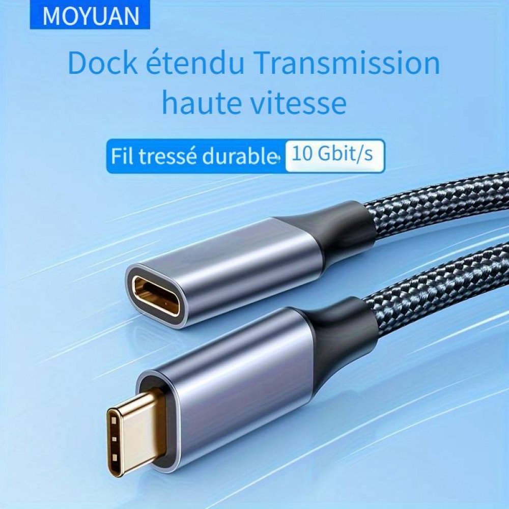 Câble extension nylon USB-C (mâle) vers USB-C (femelle) 2 mètres - Noir