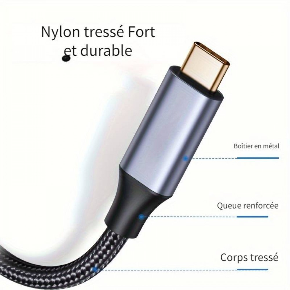 Câble extension nylon USB-C (mâle) vers USB-C (femelle) 2 mètres - Noir