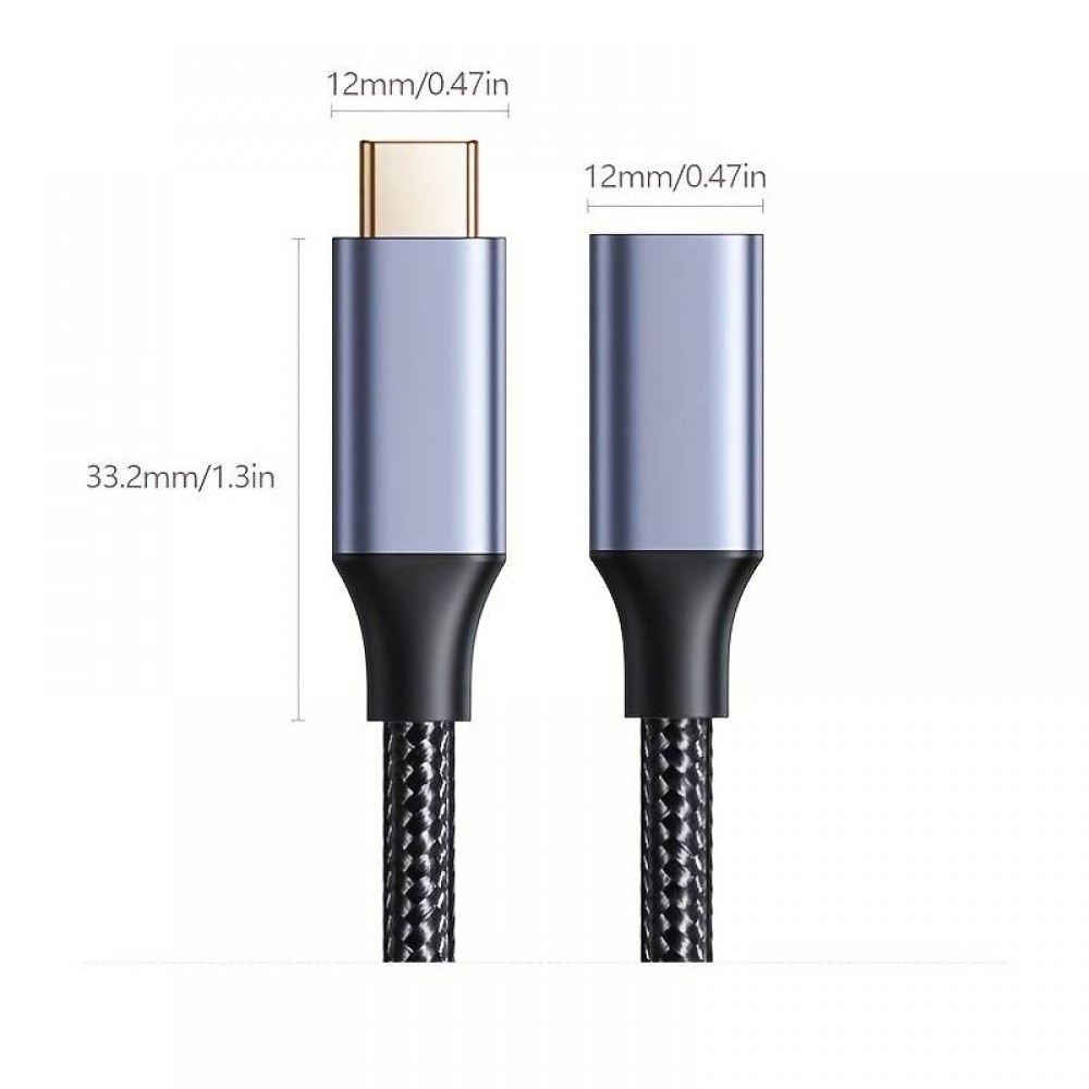 Câble extension nylon USB-C (mâle) vers USB-C (femelle) 2 mètres - Noir