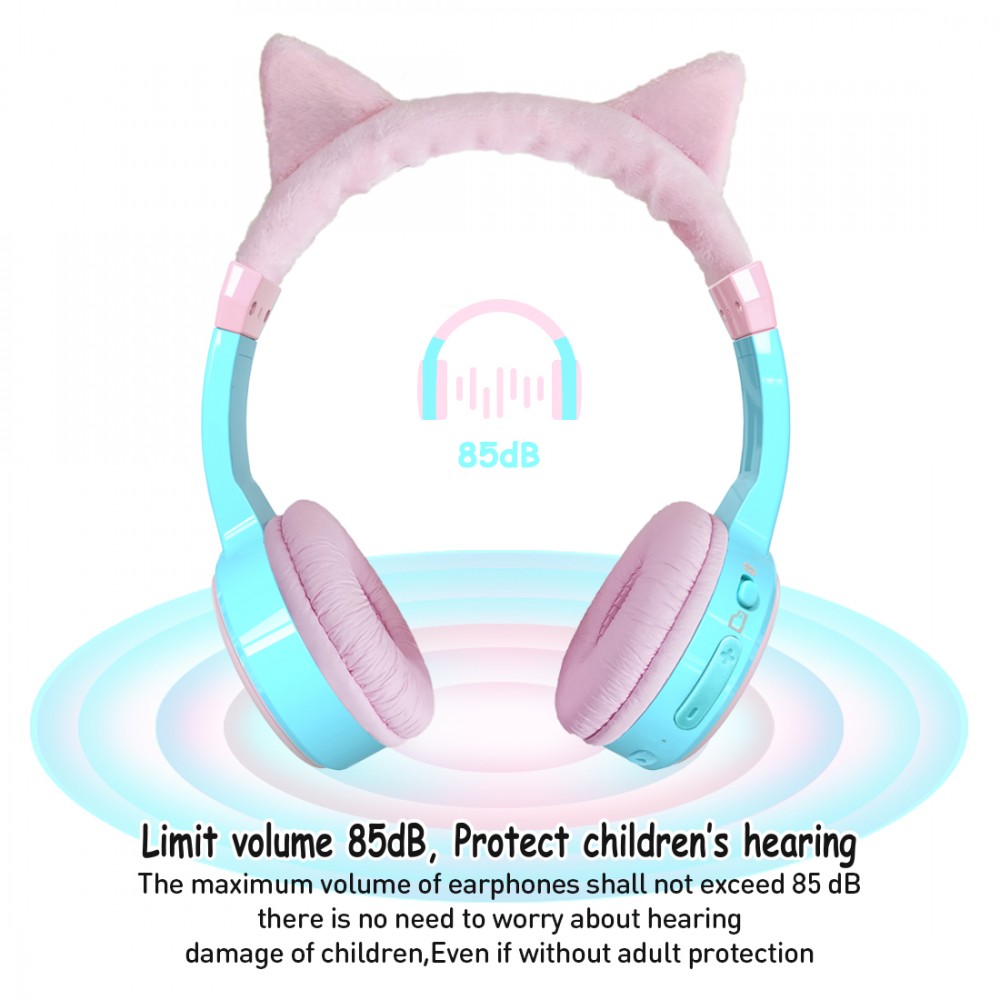 Coole Wireless Bluetooth 5.3 Kopfhörer für Kinder mit gedämpfter Lautstärke 85dB und lustigem Design - Cat