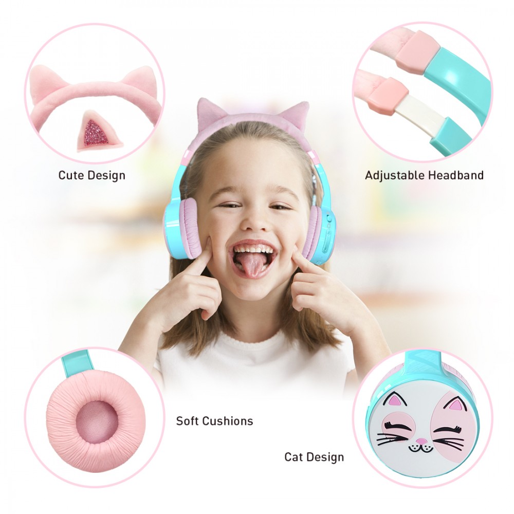 Casque cool sans fil Bluetooth 5.3 pour enfants avec volume atténué 85dB et design amusant - Cat