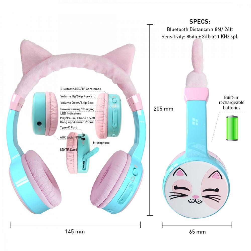 Casque cool sans fil Bluetooth 5.3 pour enfants avec volume atténué 85dB et design amusant - Cat