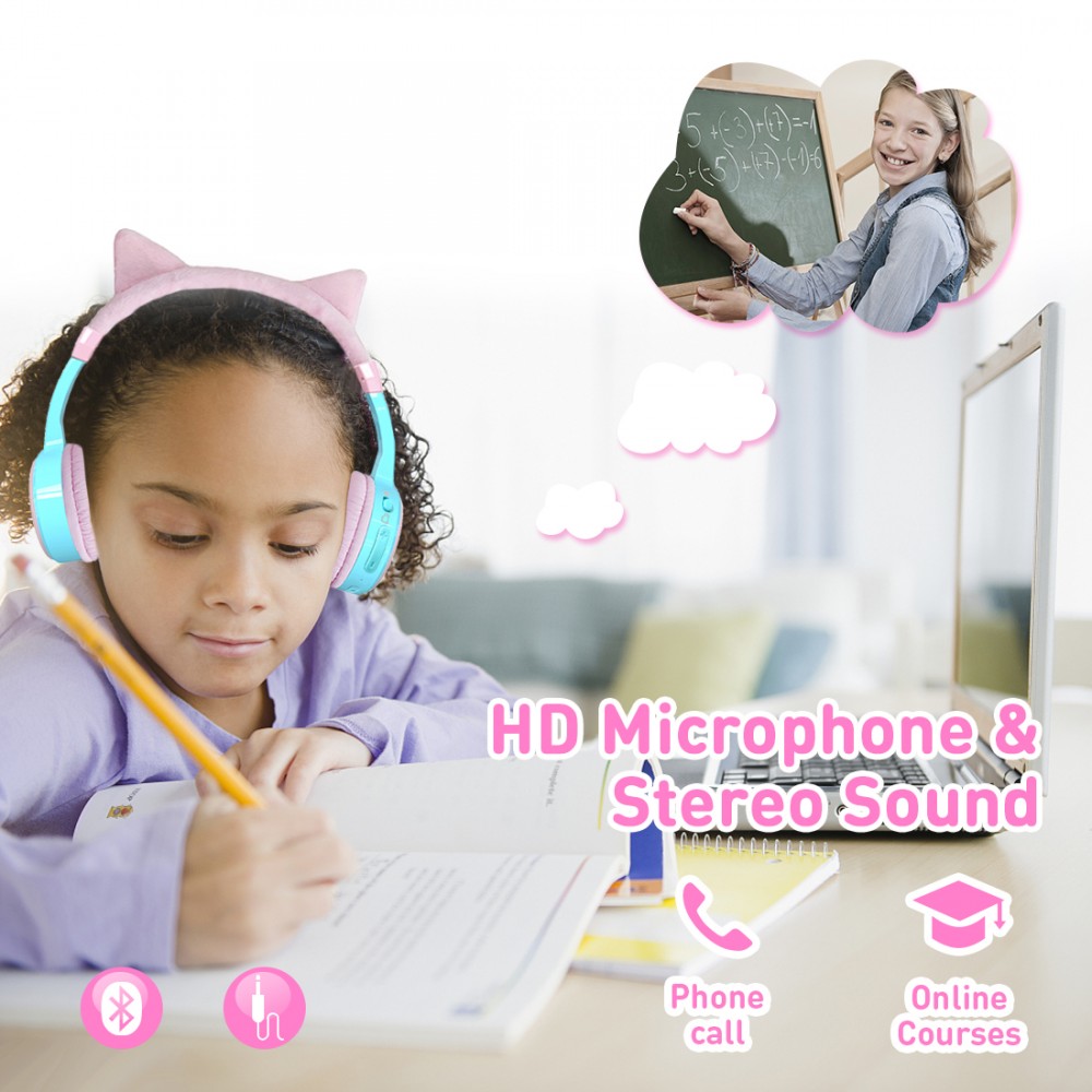 Casque cool sans fil Bluetooth 5.3 pour enfants avec volume atténué 85dB et design amusant - Cat