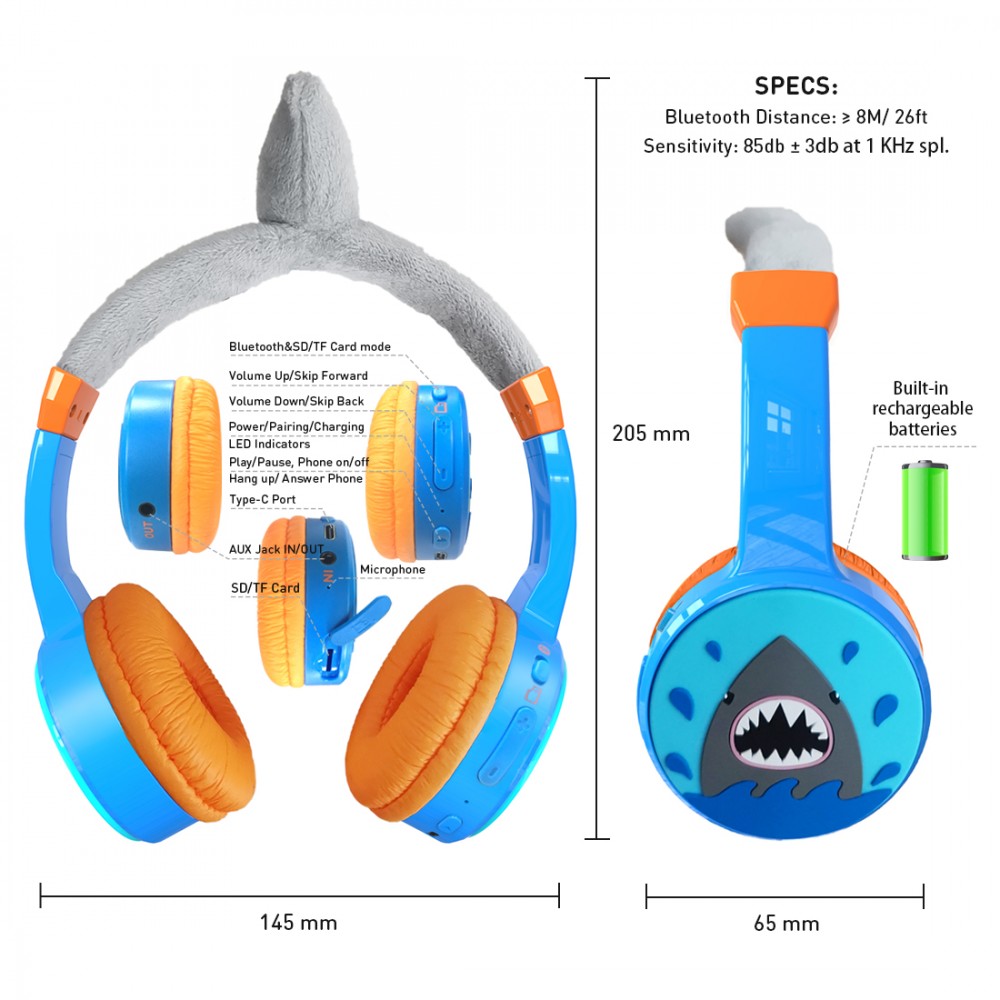 Casque cool sans fil Bluetooth 5.3 pour enfants avec volume atténué 85dB et design amusant - Shark