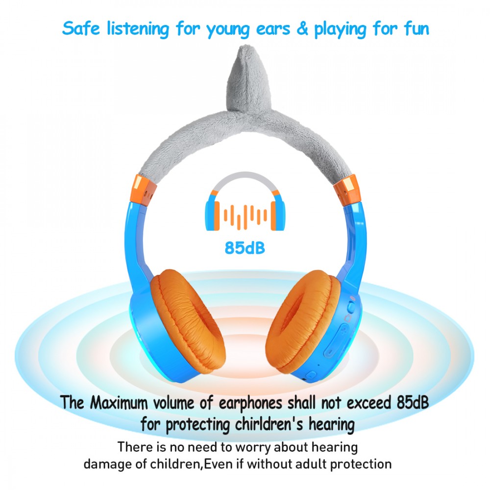 Casque cool sans fil Bluetooth 5.3 pour enfants avec volume atténué 85dB et design amusant - Shark