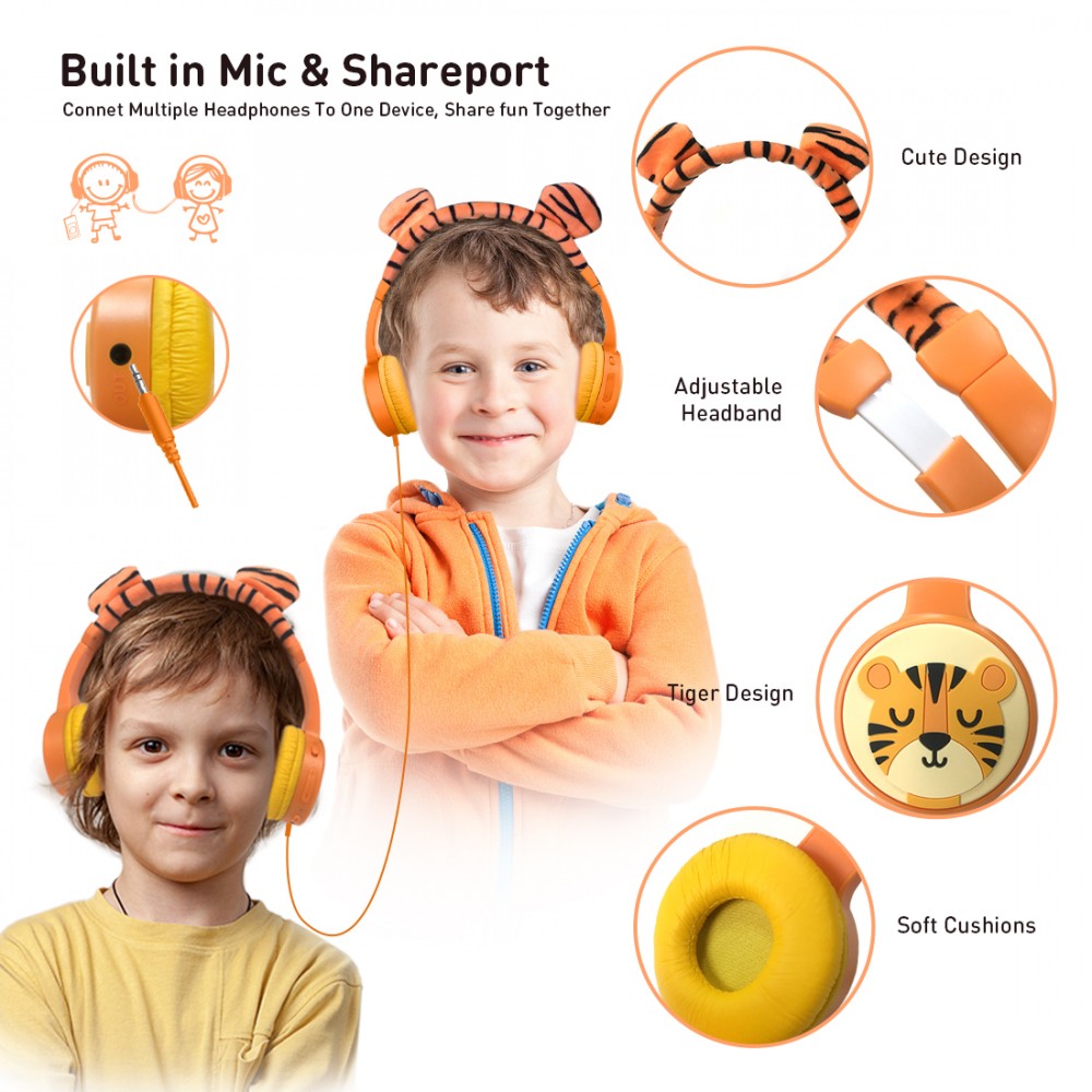 Casque cool sans fil Bluetooth 5.3 pour enfants avec volume atténué 85dB et design amusant - Tigre