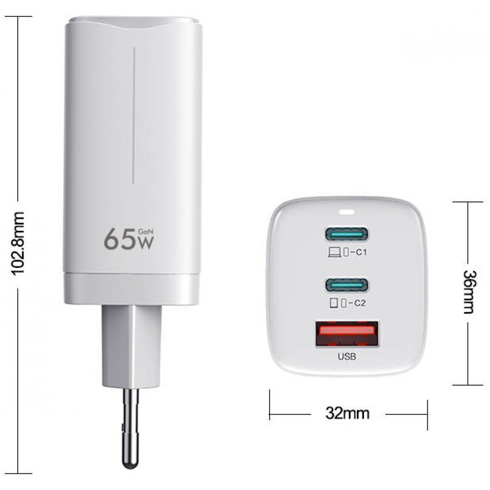 Chargeur secteur GaN 65W 2x USB-C et 1x USB-A (Power Delivery