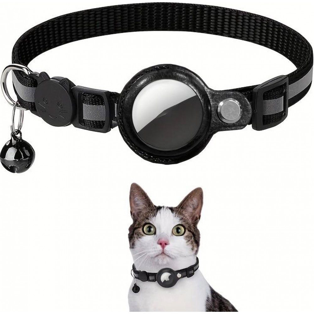 Collier de sécurité pour chats avec petite clochette, matériau réfléchissant et support Apple AirTag - Noir - AirTag