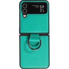 Coque Samsung Galaxy Z Flip5 - Design en cuir avec anneau de support - Turquoise