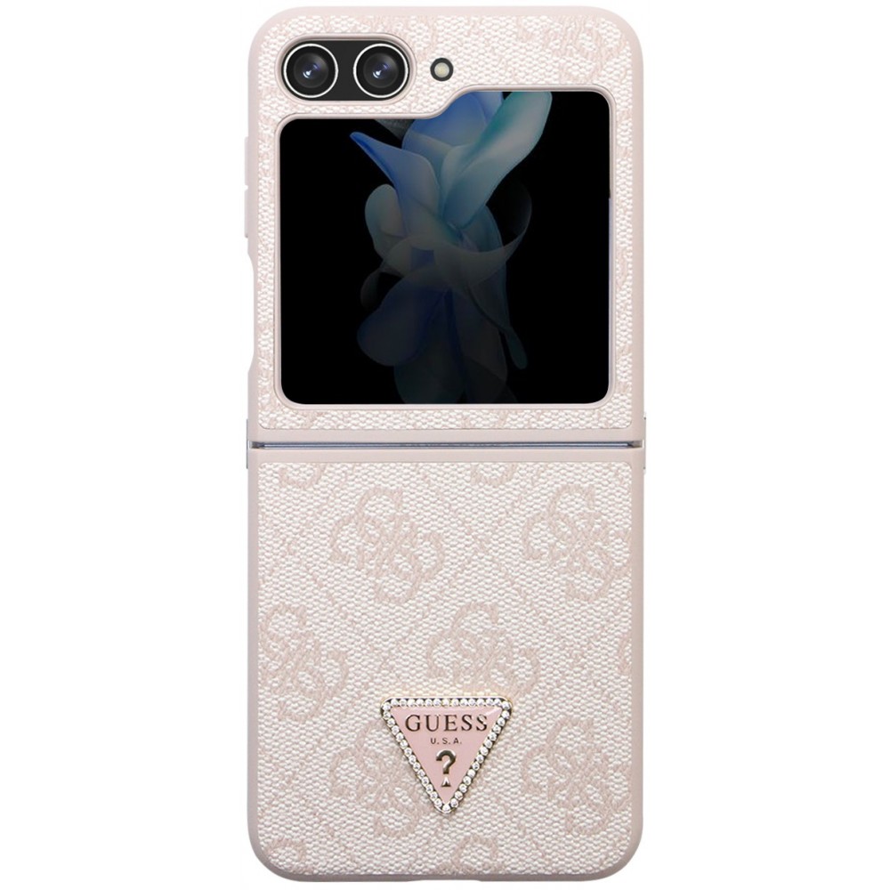 Coque Samsung Galaxy Z Flip5 - Guess monogramme similicuir logo métal et strass - Rose clair