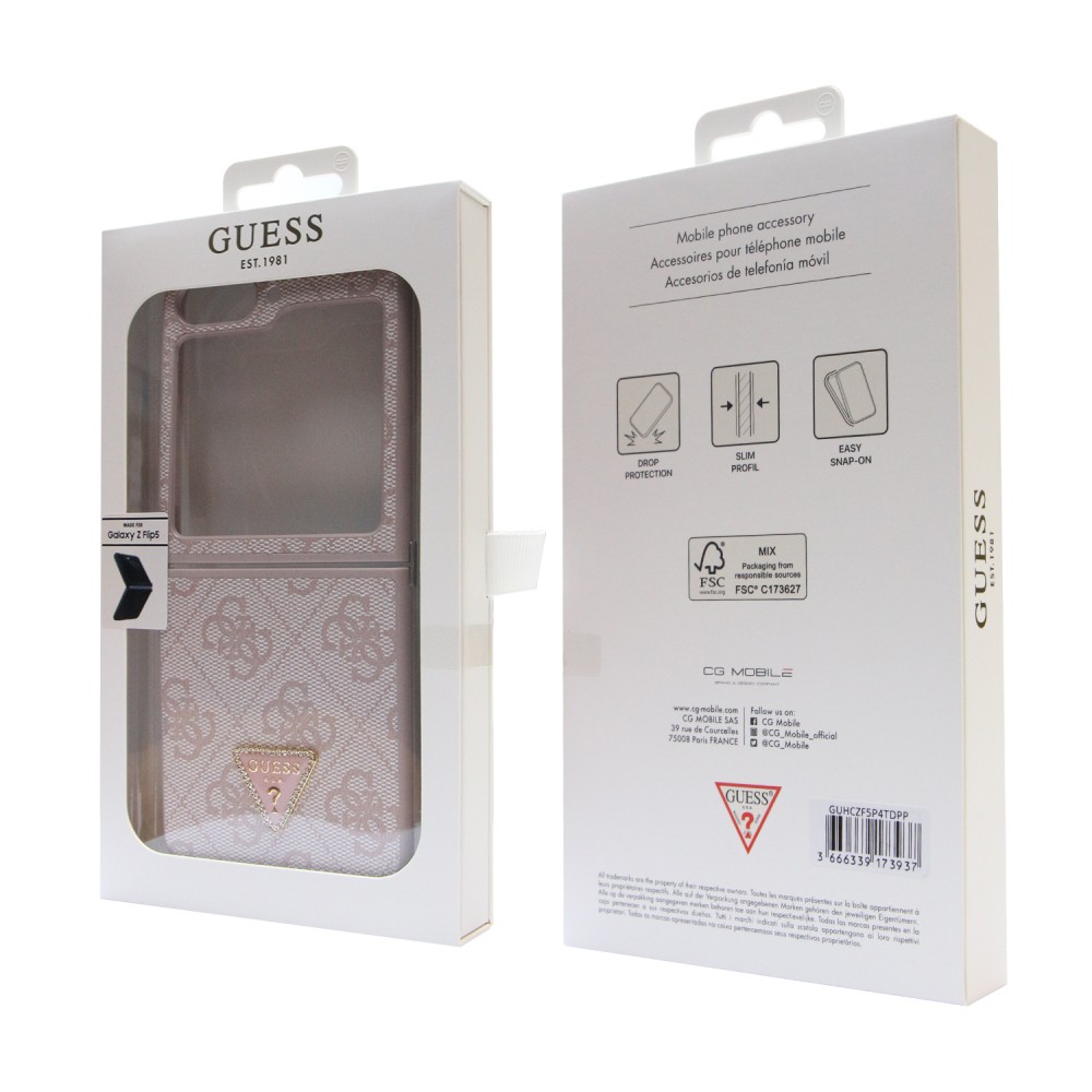 Coque Samsung Galaxy Z Flip5 - Guess monogramme similicuir logo métal et strass - Rose clair