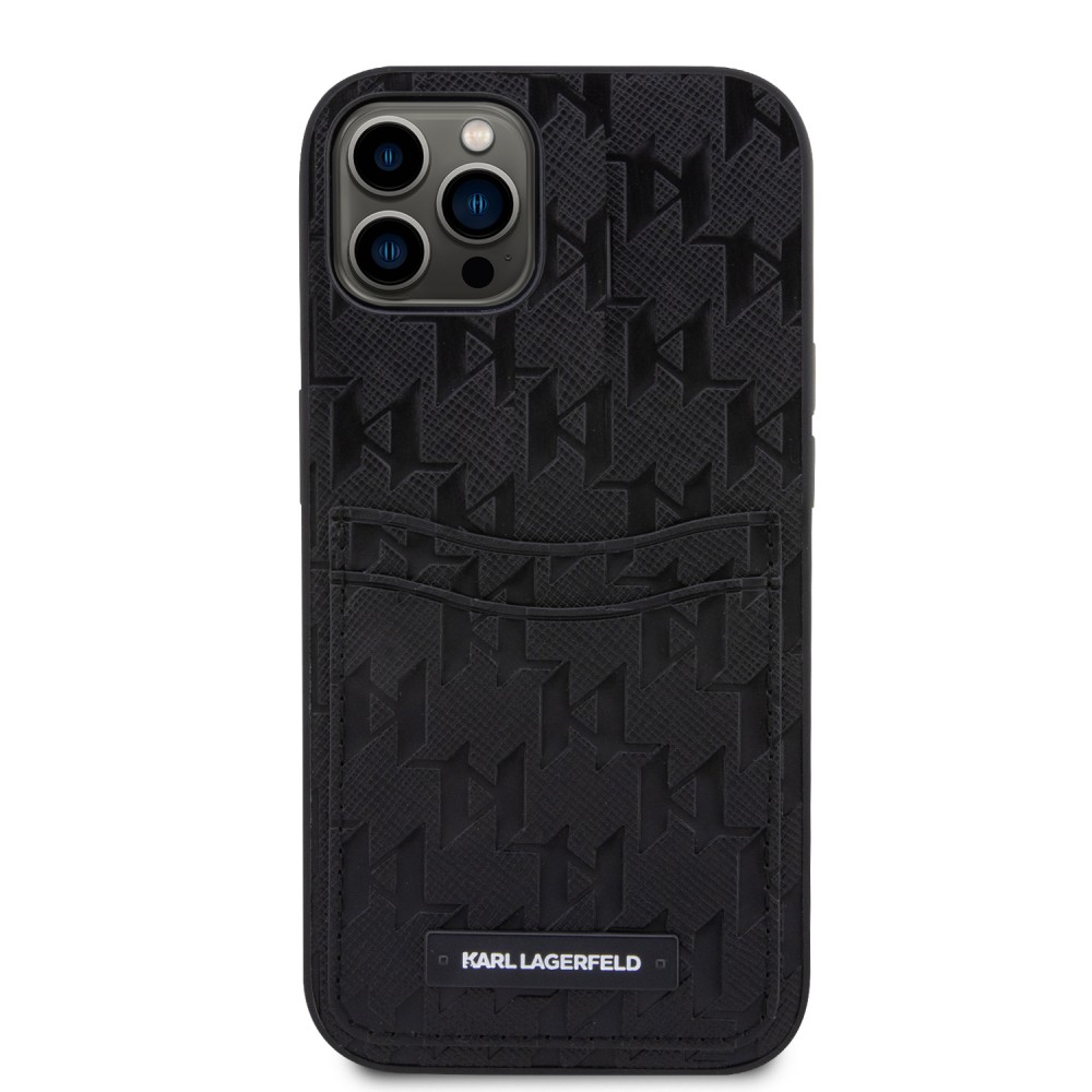 Coque iPhone 12 / 12 Pro - Karl Lagerfeld monogramme similicuir saffiano avec 2 portes cartes intégrés - Noir