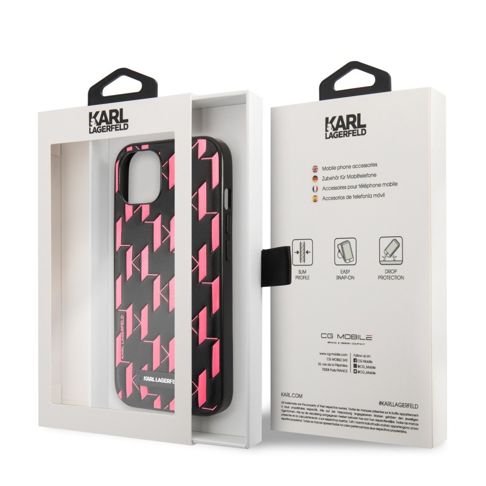 Coque iPhone 13 - Karl Lagerfeld similicuir monogramme embossé et plaque  métallique avec logo - Noir et rose - Acheter sur PhoneLook
