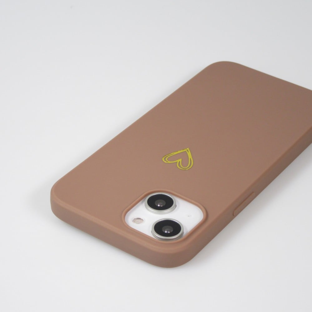 Coque iPhone 13 - Silicone mat dessin cœur doré - Brun