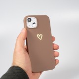 Coque iPhone 13 - Silicone mat dessin cœur doré - Brun