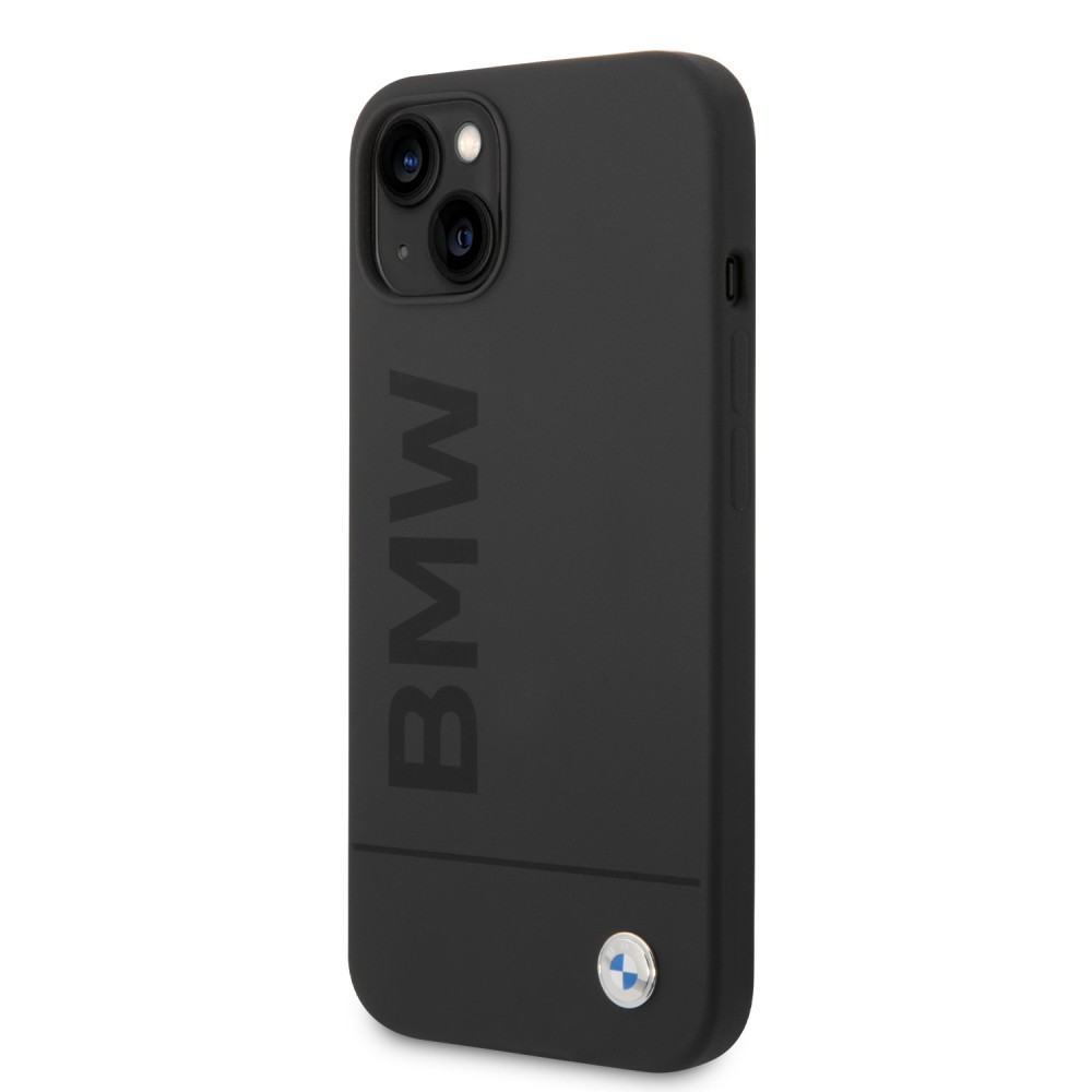 Coque iPhone 14 - BMW silicone soft touch avec logo métallique en relief - Noir