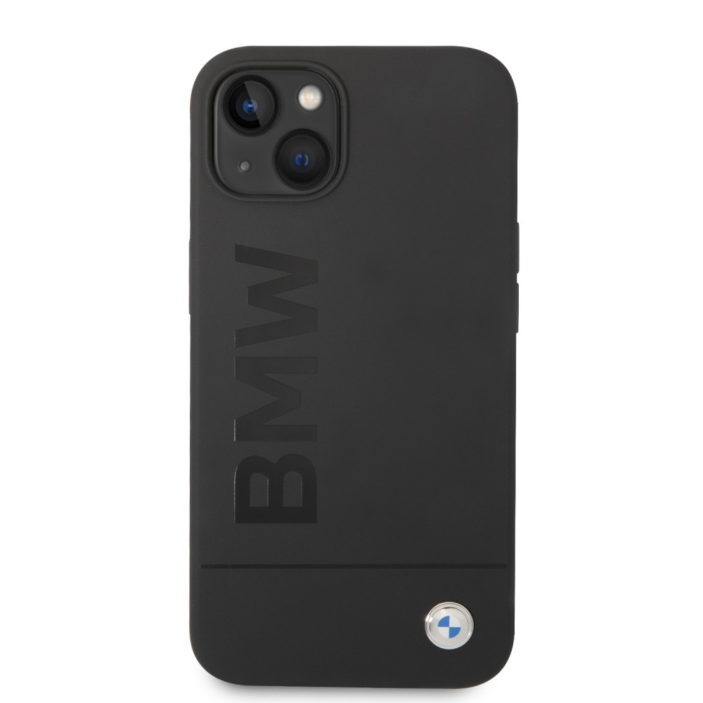 Coque iPhone 14 - BMW silicone soft touch avec logo métallique en relief - Noir