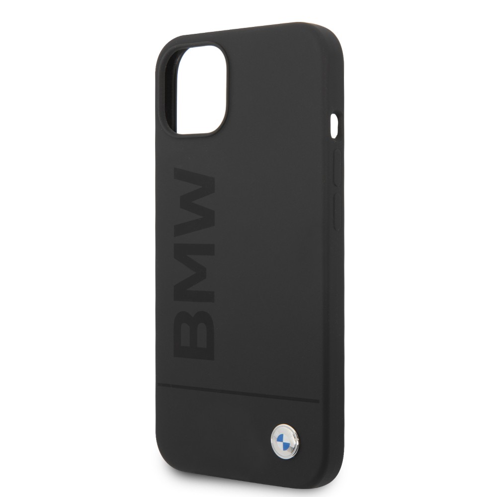 Coque iPhone 14 - BMW silicone soft touch avec logo métallique en relief - Noir