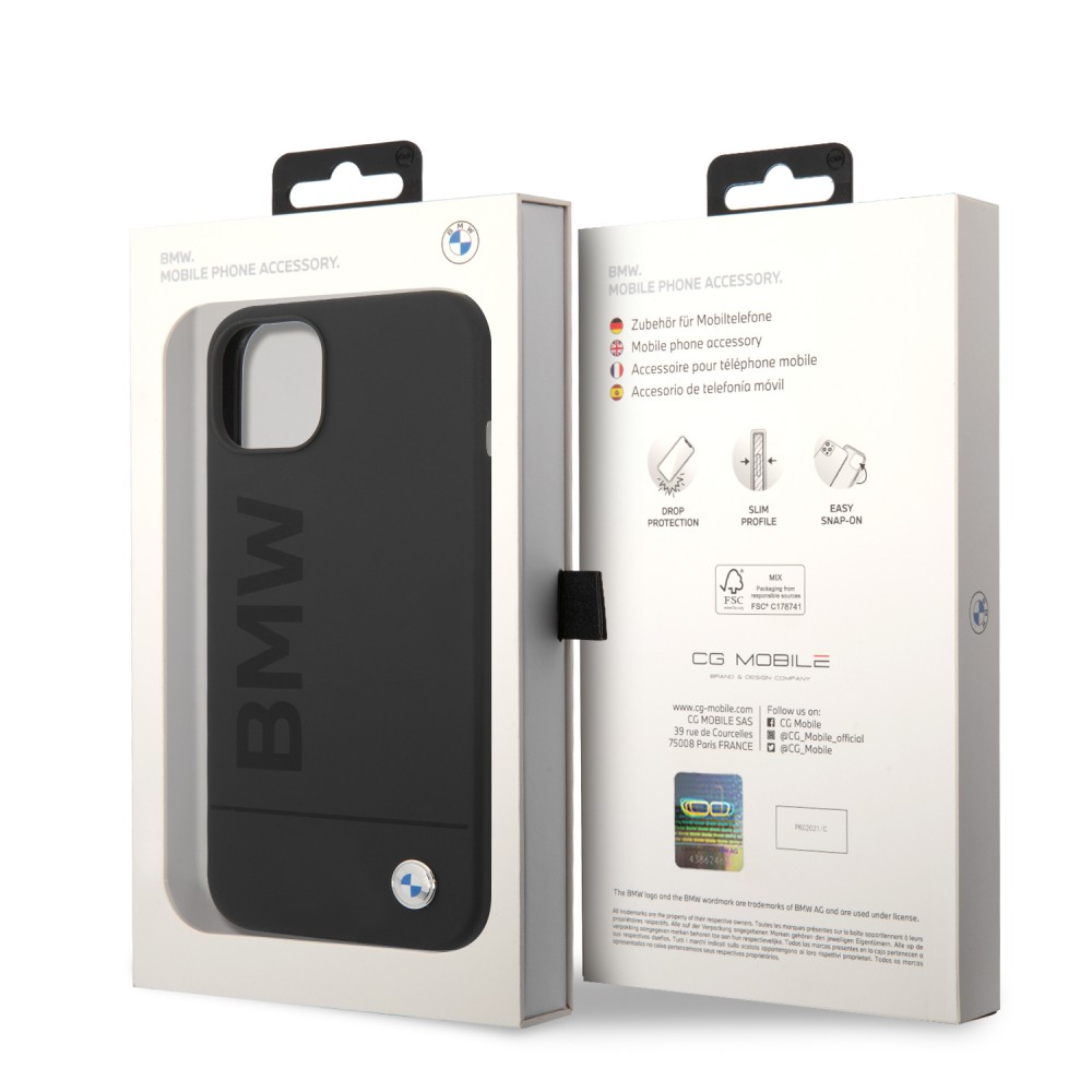 Coque iPhone 14 - BMW silicone soft touch avec logo métallique en relief - Noir