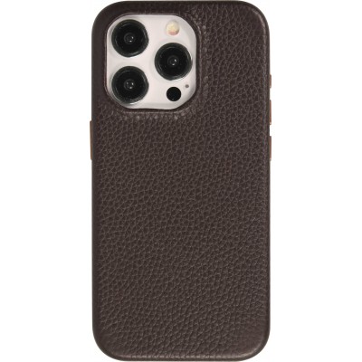 Coque iPhone 15 Pro Max - Cuir de veau luxe grainé intégral avec boutons métalliques et MagSafe - Brun foncé