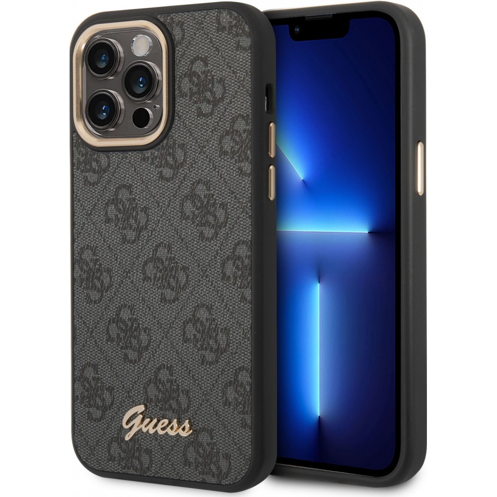 Coque iPhone 14 Pro Max - Guess toile similicuir avec logo métallique doré en relief - Noir