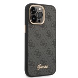 iPhone 14 Pro Max Case Hülle - Guess Leinwand Kunstleder mit goldfarbenem Metall-Logo in Reliefoptik - Schwarz