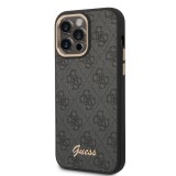 Coque iPhone 14 Pro Max - Guess toile similicuir avec logo métallique doré en relief - Noir