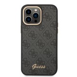 Coque iPhone 14 Pro Max - Guess toile similicuir avec logo métallique doré en relief - Noir