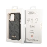 Coque iPhone 14 Pro Max - Guess toile similicuir avec logo métallique doré en relief - Noir