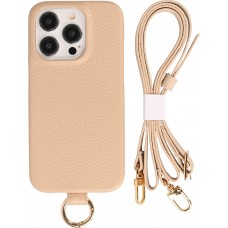 Coque iPhone 14 Pro Max - Premium cuir véritable de luxe avec lanière en cuir réglable et amovible + MagSafe - Beige