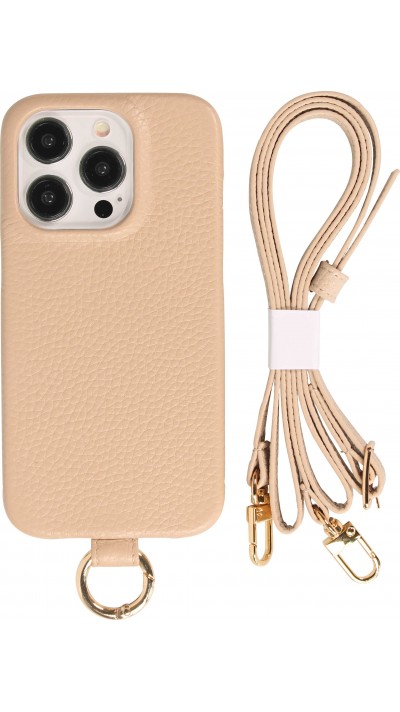 Coque iPhone 14 Pro Max - Premium cuir véritable de luxe avec lanière en cuir réglable et amovible + MagSafe - Beige