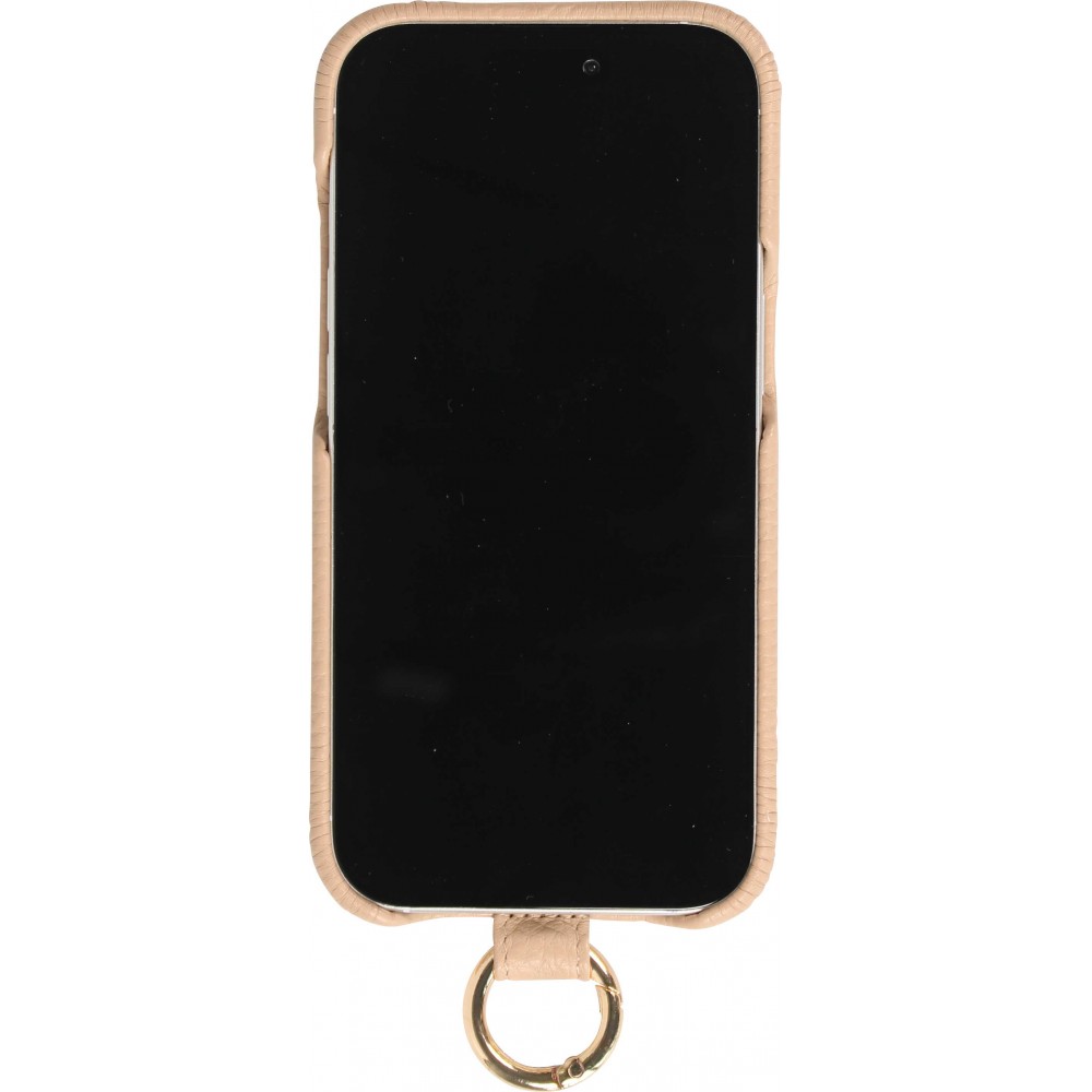 Coque iPhone 14 Pro Max - Premium cuir véritable de luxe avec lanière en cuir réglable et amovible + MagSafe - Beige