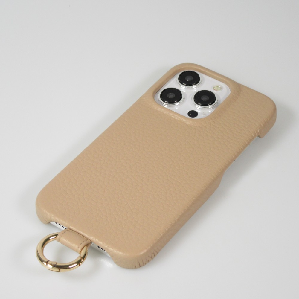 Coque iPhone 14 Pro Max - Premium cuir véritable de luxe avec lanière en cuir réglable et amovible + MagSafe - Beige