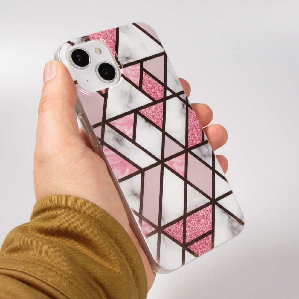 iPhone 15 Plus Case Hülle - Silikon Gel geometrische Streifen marble - Weiss/rosa