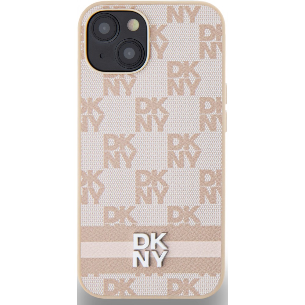 Coque iPhone 15 - DKNY toile similicuir monogramme logo métallique - Rose