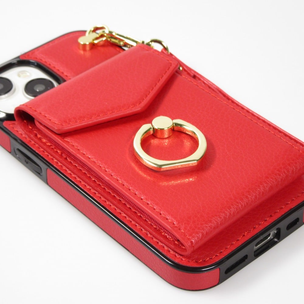 Coque iPhone 15 - Etui élégant look cuir DeLuxe avec portefeuille + anneau de support - Rouge