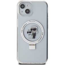 Coque iPhone 14 - Karl Lagerfeld et Choupette gel laqué avec anneau métallique de support amovible intégré et Magsafe - Transparent