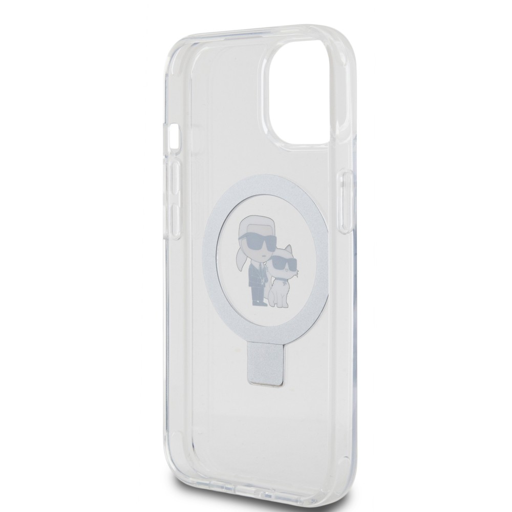 Coque iPhone 14 - Karl Lagerfeld et Choupette gel laqué avec anneau métallique de support amovible intégré et Magsafe - Transparent