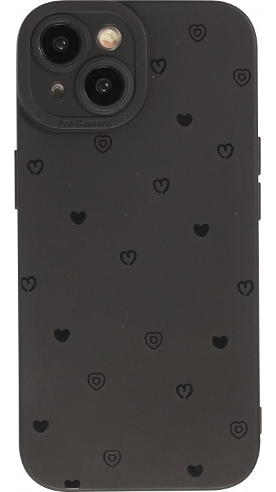 Coque iPhone 15 Plus - Gel silicone souple avec protection caméra - Many hearts - Noir