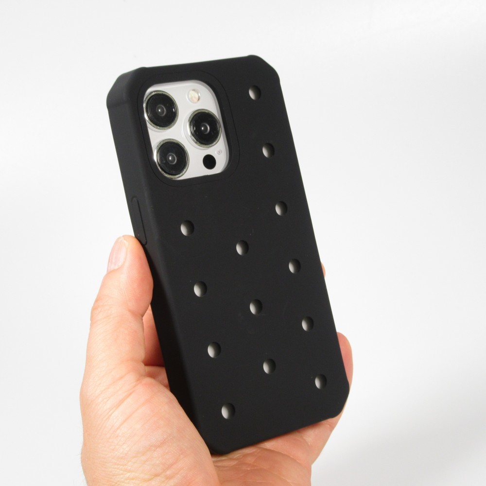 Coque iPhone 15 Pro - Case épais en silicone avec des trous pour les stickers à fixer - Noir