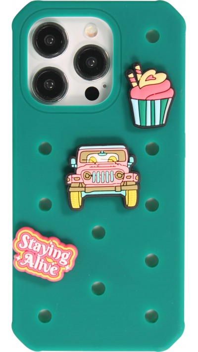 Coque iPhone 15 Pro - Case épais en silicone avec des trous pour les stickers à fixer - Vert foncé