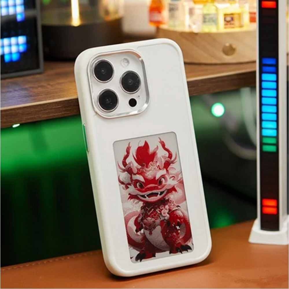 Coque iPhone 15 Pro Max - E-Ink Display DIY avec technologie NFC pour photo personnalisée - Blanc